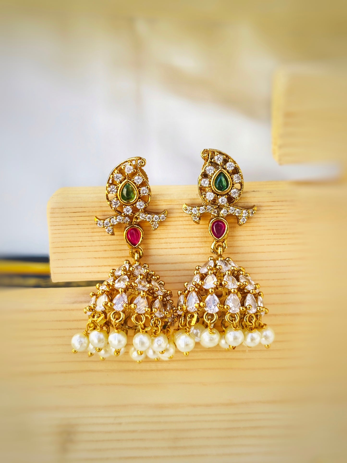 Navratan South Indian Multicolour AD Stone Jewelry Set - South Indian Gold-Plated Necklace and Jhumke