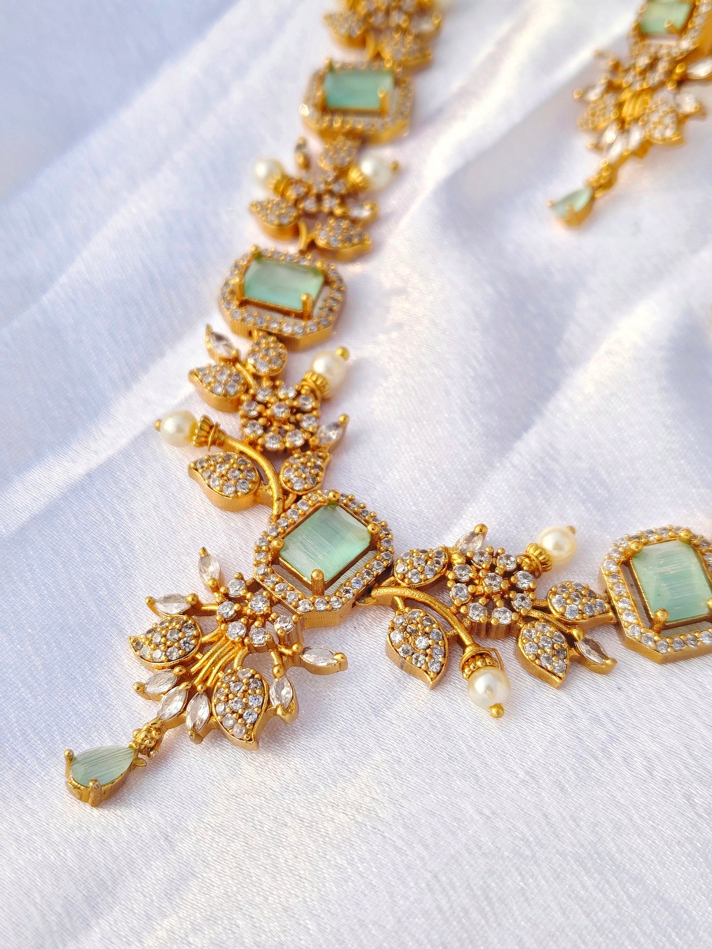 Pallav South Indian Mint AD Stone Jewelry Set - South Indian Gold-Plated Necklace and Earrings