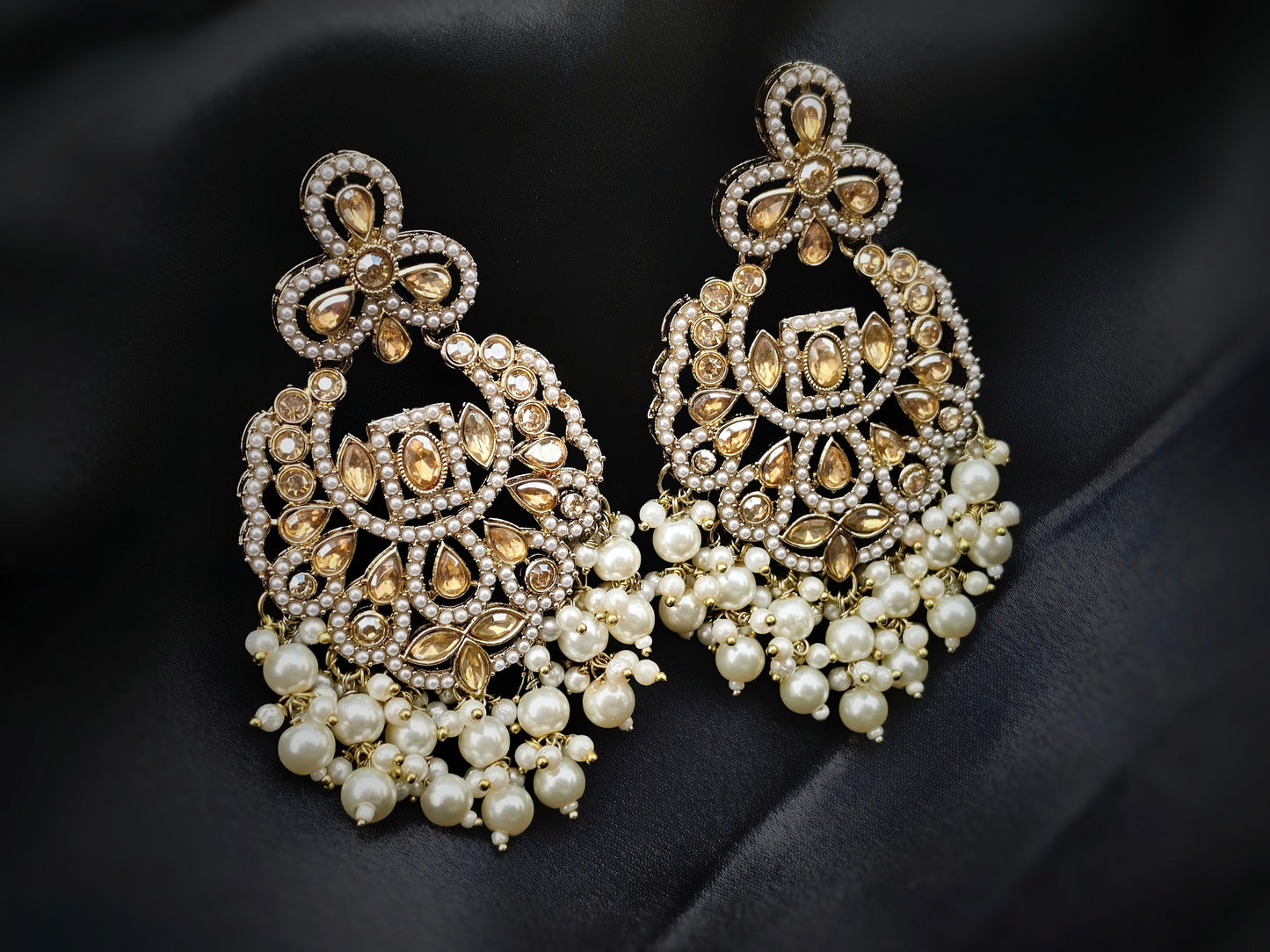 Pushp Jadau Chandbali Earrings - Golden Pearl Chandelier Earrings