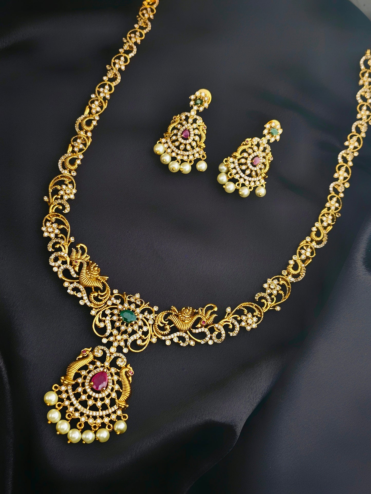 Pushp Gold Necklace Set - Traditional South Indian AD Jewellery Set for Women