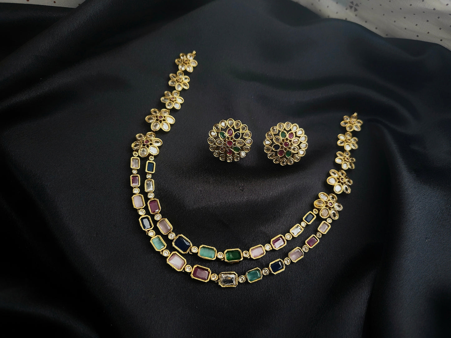 Kash South Indian Multicolour AD Stone Jewelry Set - South Indian Gold-Plated Necklace and Studs