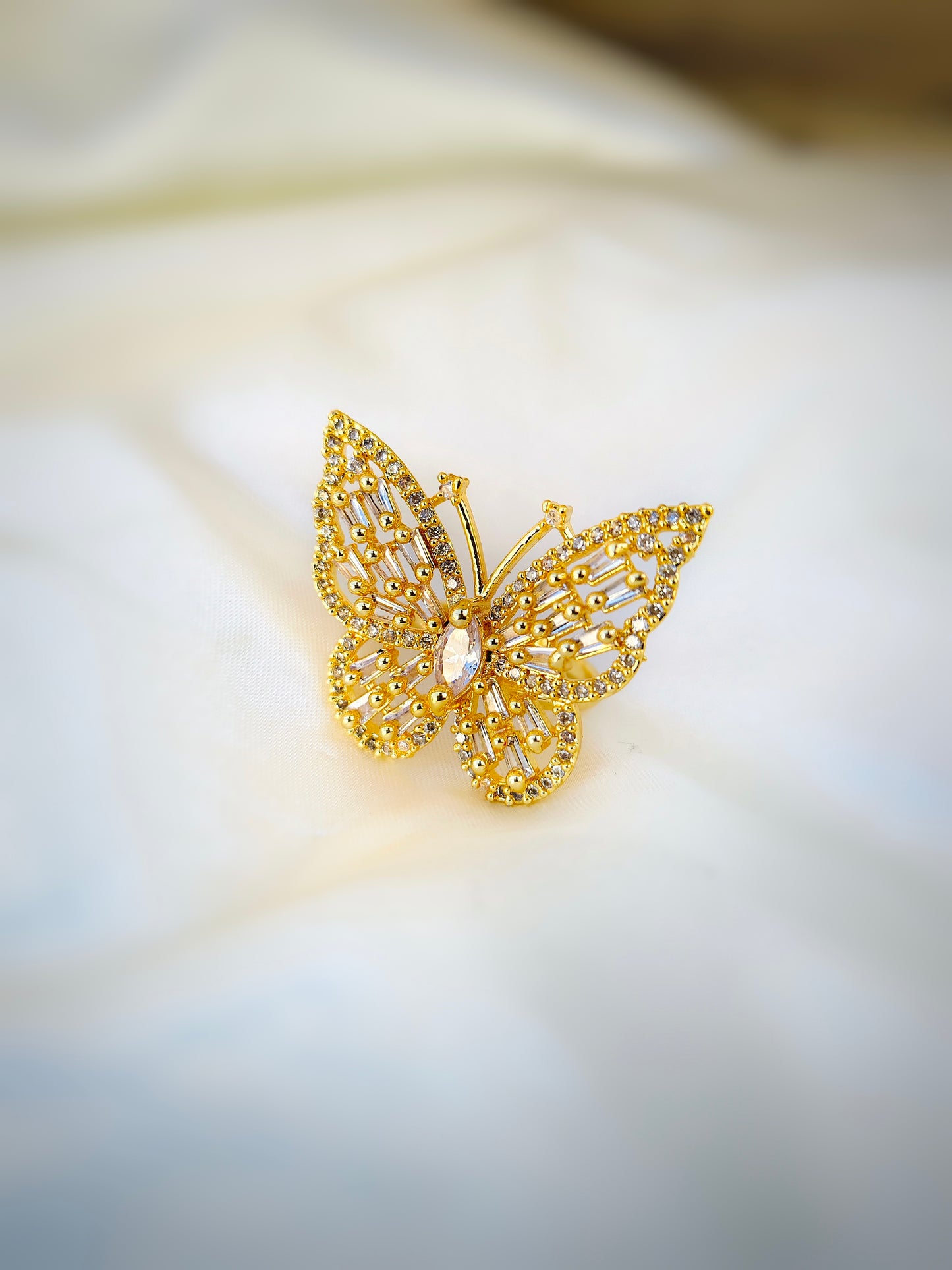 Golden Butterfly Bliss Ring - Golden American Diamond Adjustable Ring for Women