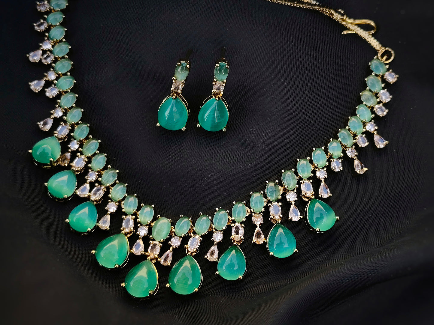 Goddess of Water Jewellery Set - AD and Monalisa Stone Necklace and Earrings Set for Women