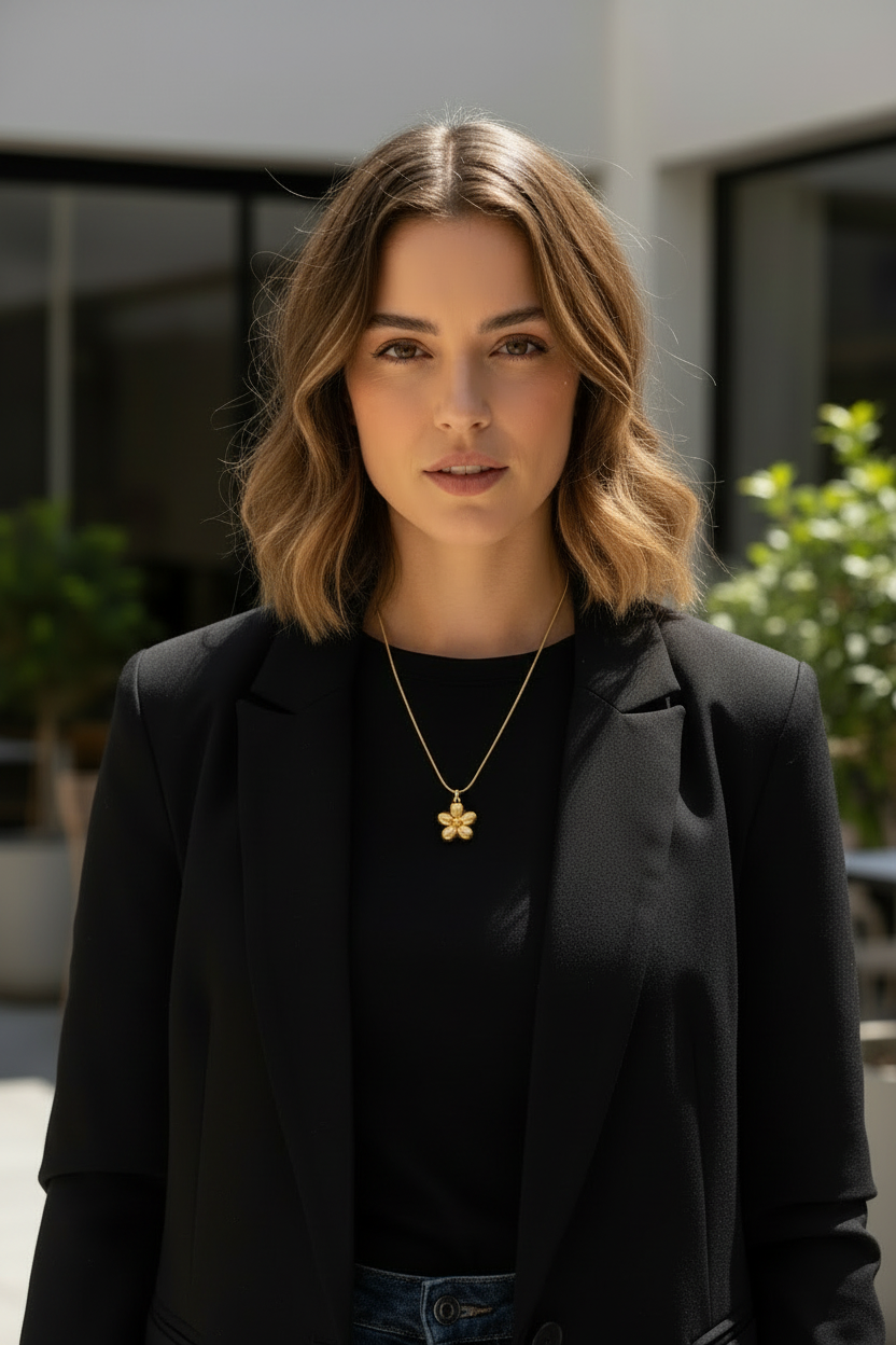 Gold pendant with black blazer