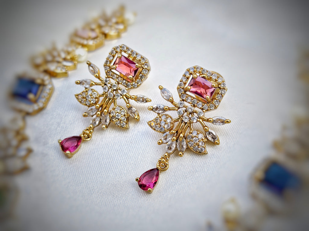 Pallav South Indian Multicolour AD Stone Jewelry Set - South Indian Gold-Plated Necklace and Earrings
