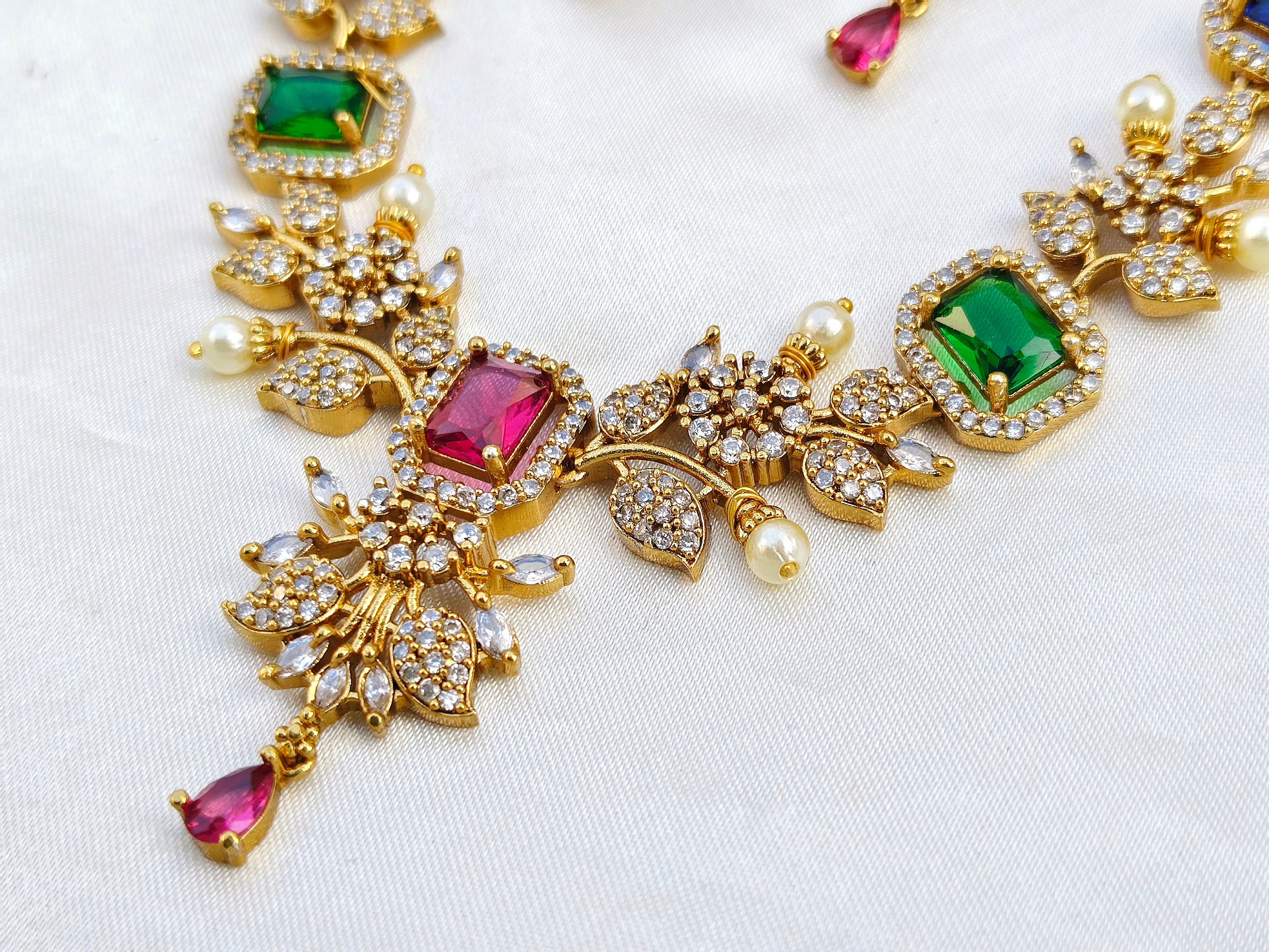Pallav South Indian Multicolour AD Stone Jewelry Set - South Indian Gold-Plated Necklace and Earrings