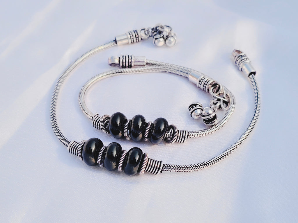 Silver-Look Alike Black Bead Anklet Set- German Silver Anklet for Women