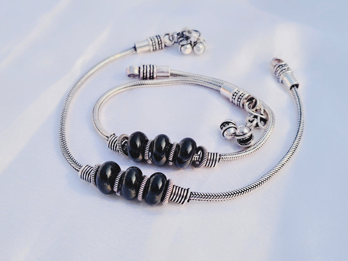 Silver-Look Alike Black Bead Anklet Set- German Silver Anklet for Women