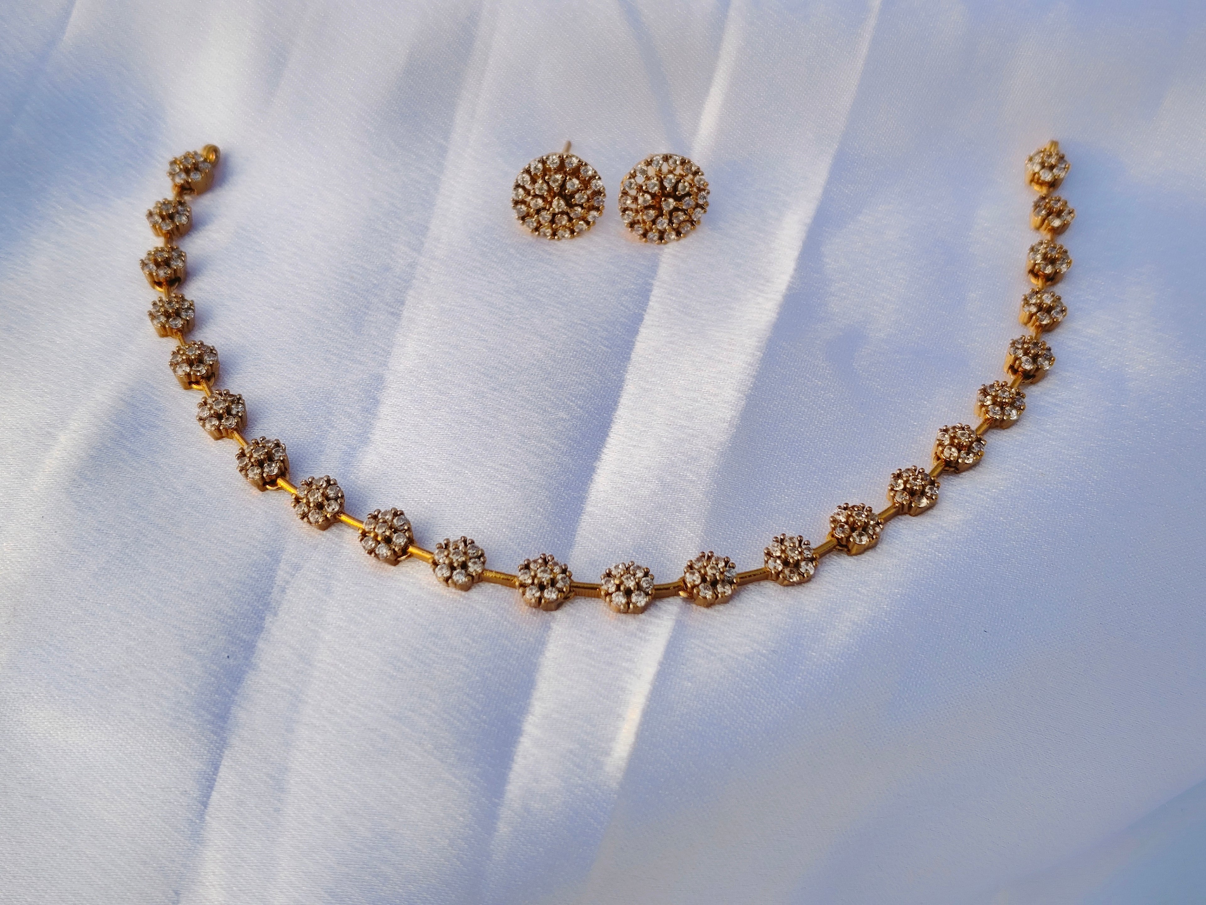 Gold AD Flower Cluster Necklace Set | American Diamond Necklace with Earrings