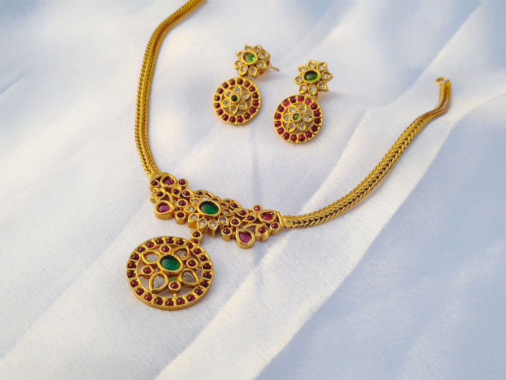 Gold AD Ruby & Emerald Necklace Set | Traditional South Indian Jewellery with Earrings