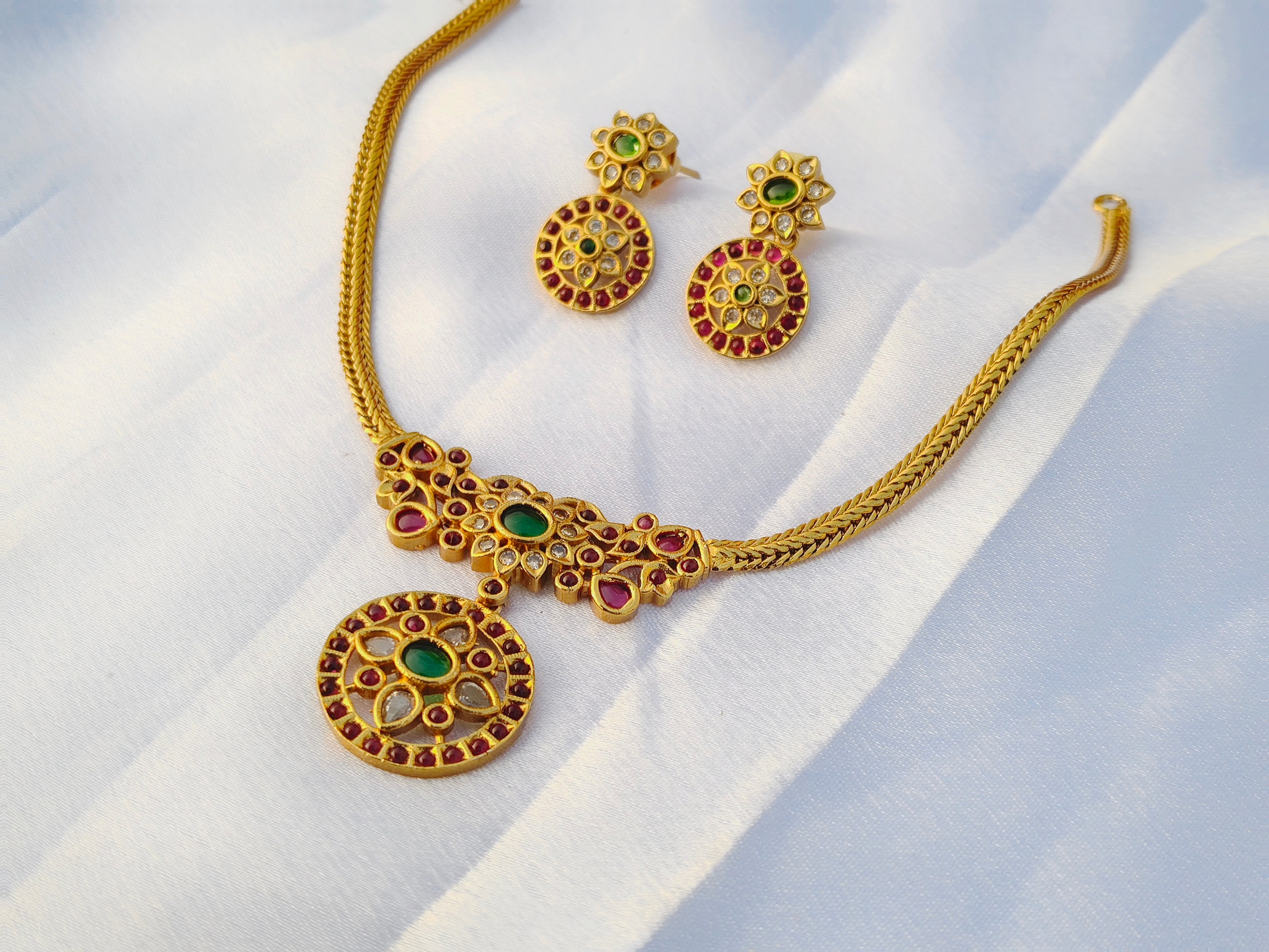Gold AD Ruby & Emerald Necklace Set | Traditional South Indian Jewellery with Earrings