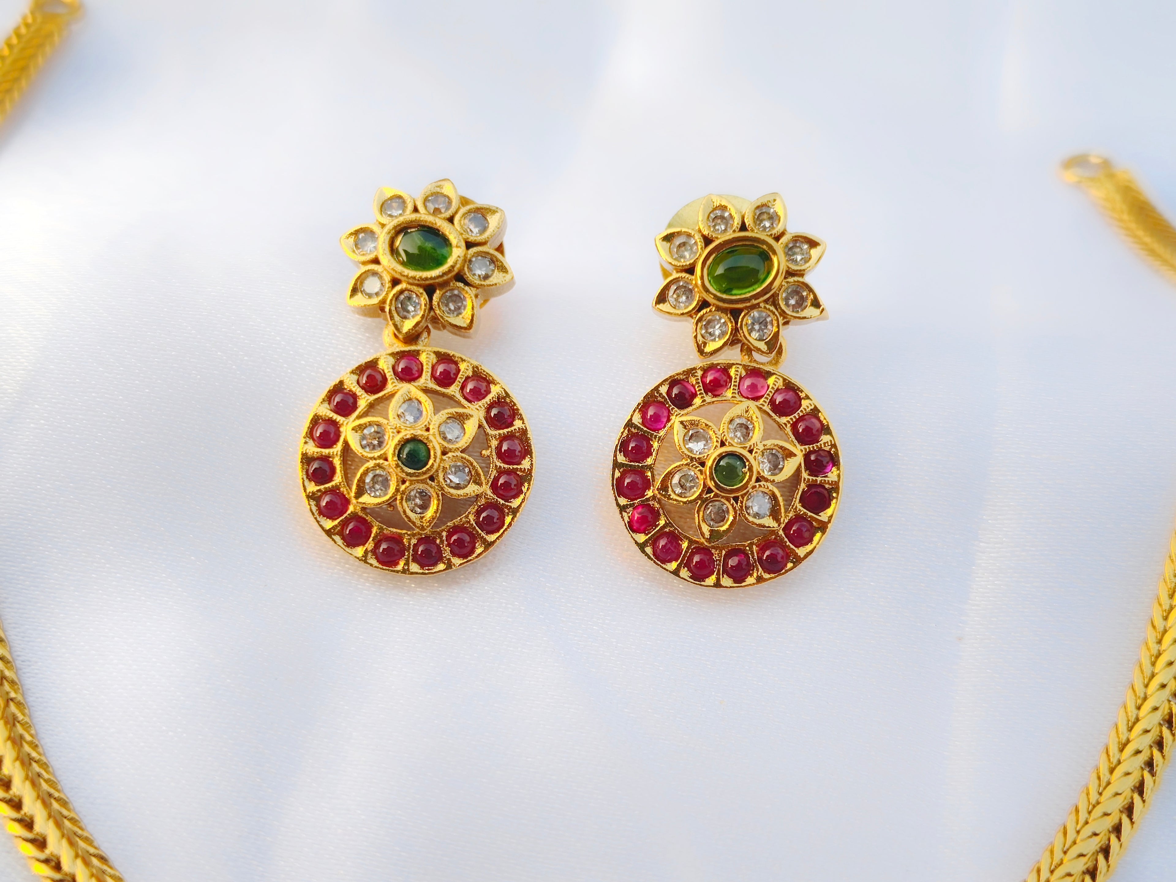 Gold AD Ruby & Emerald Necklace Set | Traditional South Indian Jewellery with Earrings