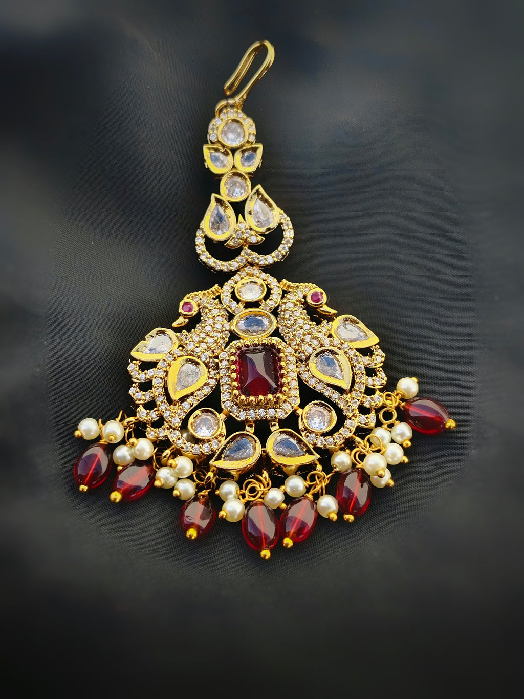 Gold AD Kundan Ruby Bridal Jewellery Set | Necklace, Chandbali Earrings & Maang Tikka