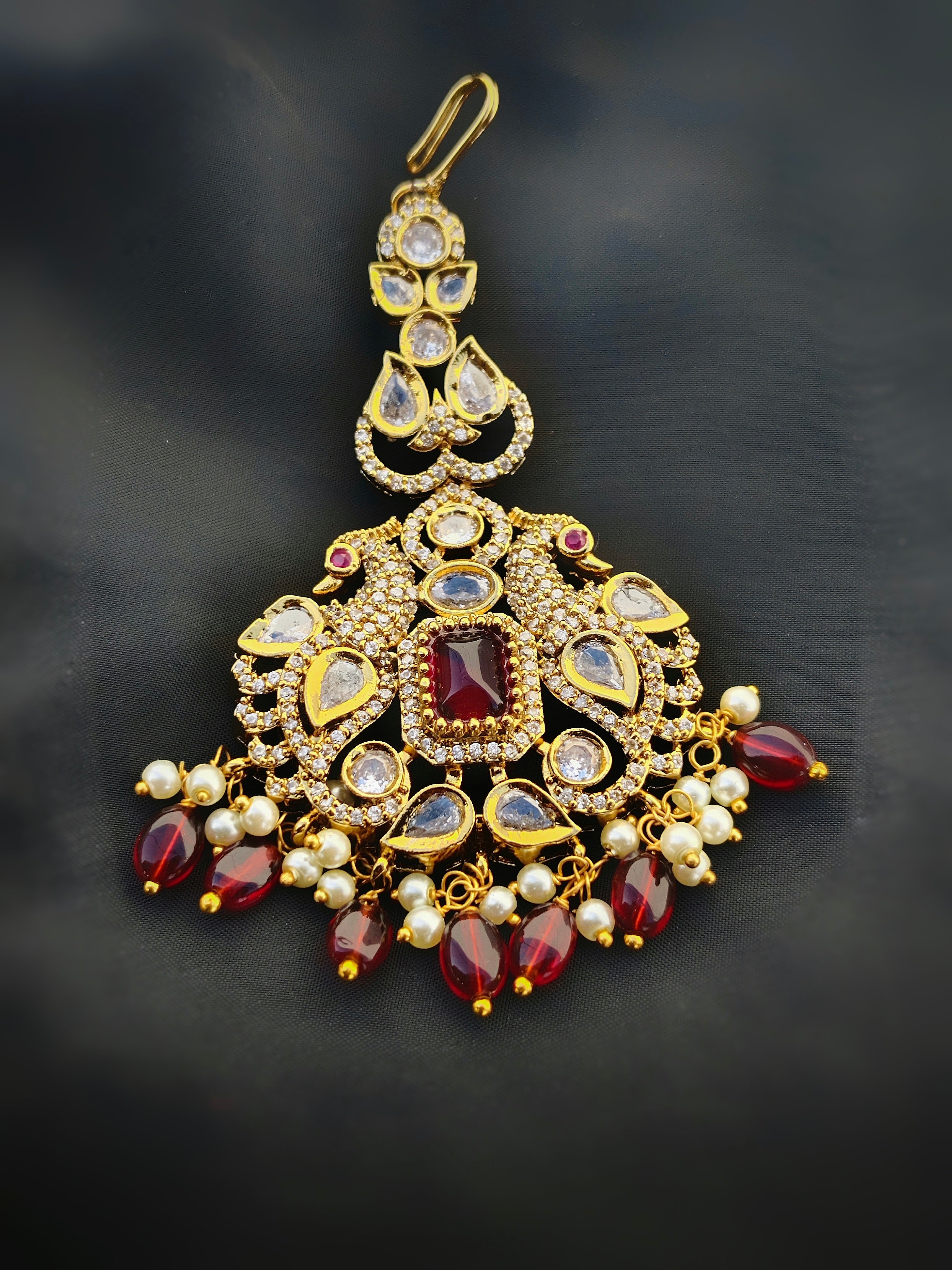 Gold AD Kundan Ruby Bridal Jewellery Set | Necklace, Chandbali Earrings & Maang Tikka