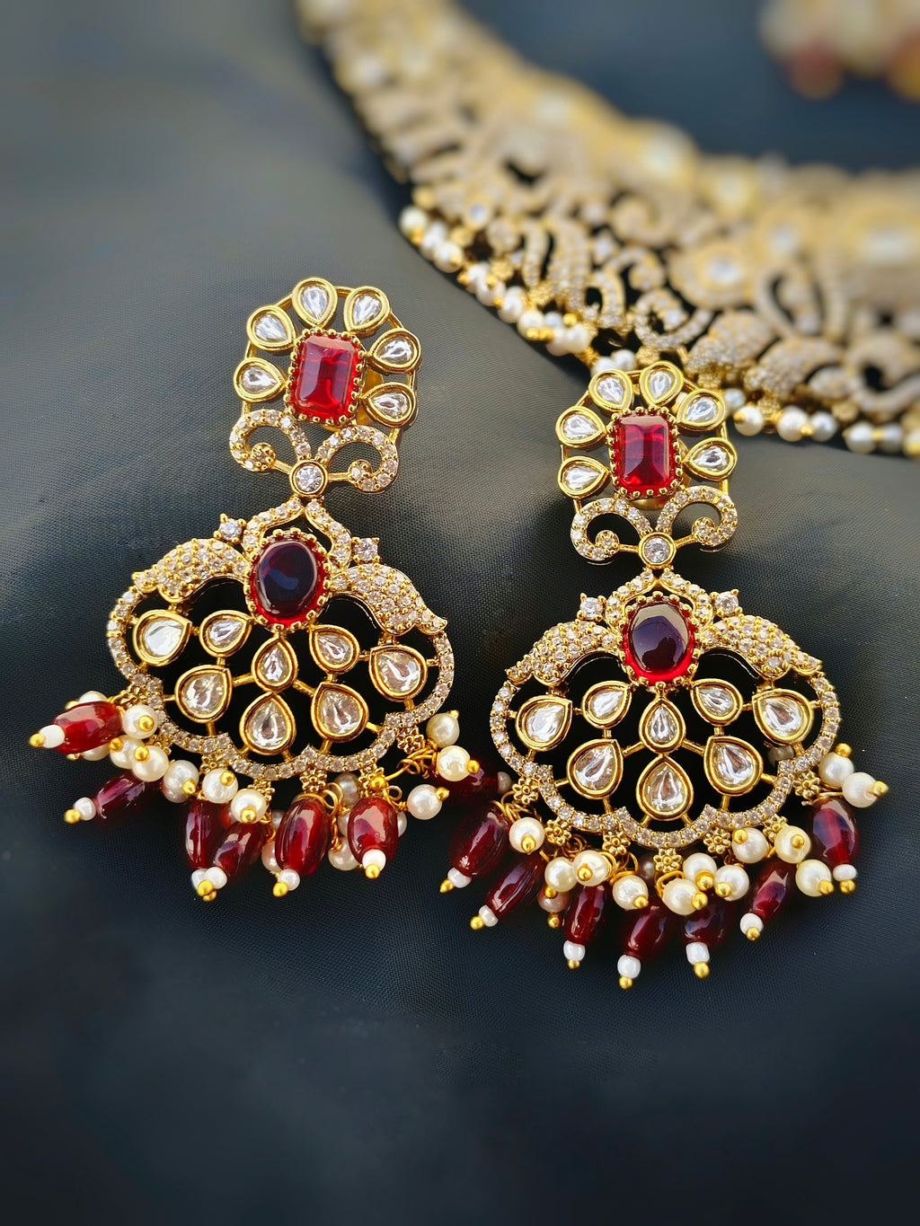 Gold AD Kundan Ruby Bridal Jewellery Set | Necklace, Chandbali Earrings & Maang Tikka