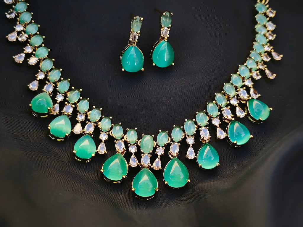 Goddess of Water Jewellery Set - AD and Monalisa Stone Necklace and Earrings Set for Women