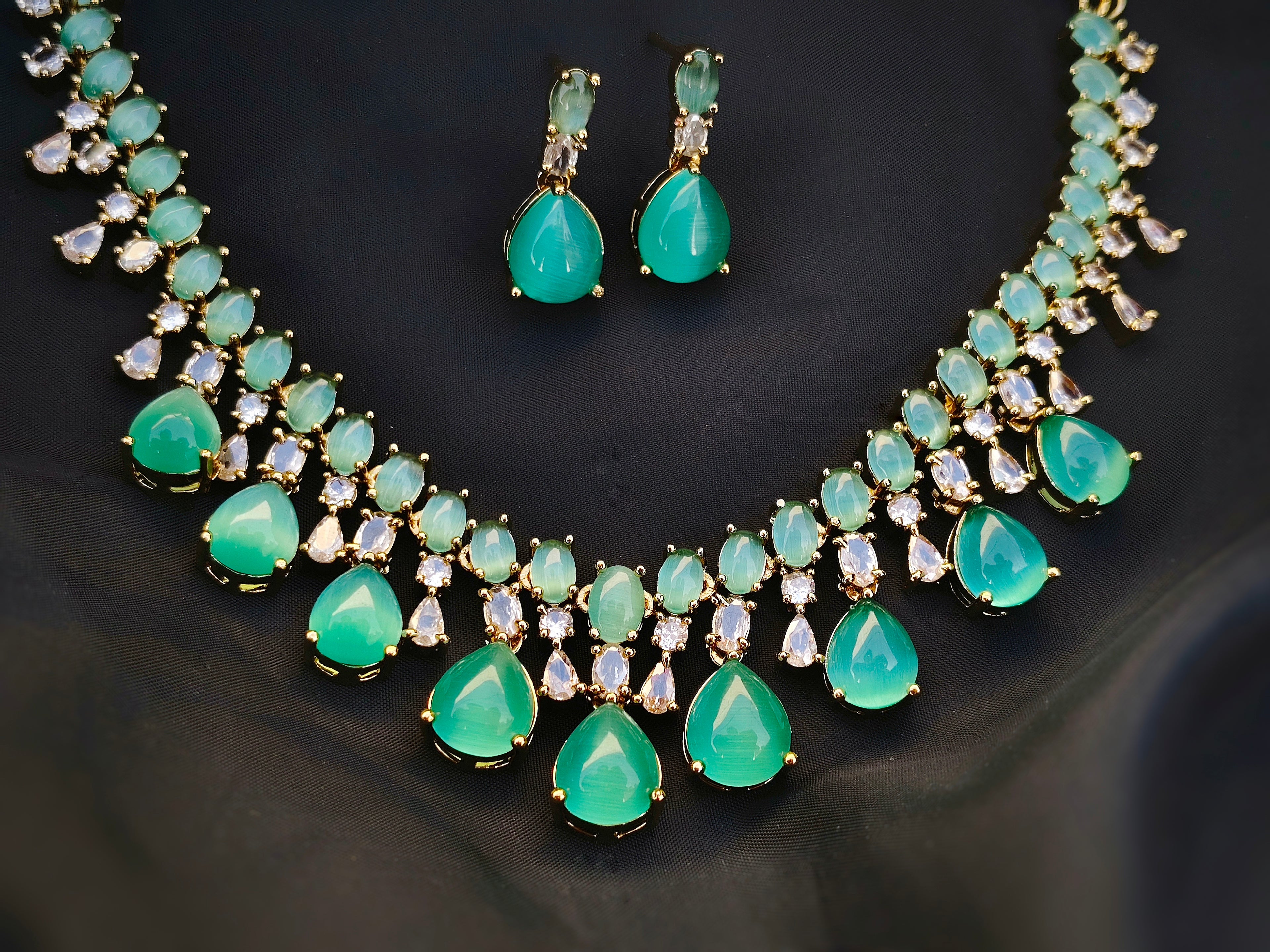 Goddess of Water Jewellery Set - AD and Monalisa Stone Necklace and Earrings Set for Women