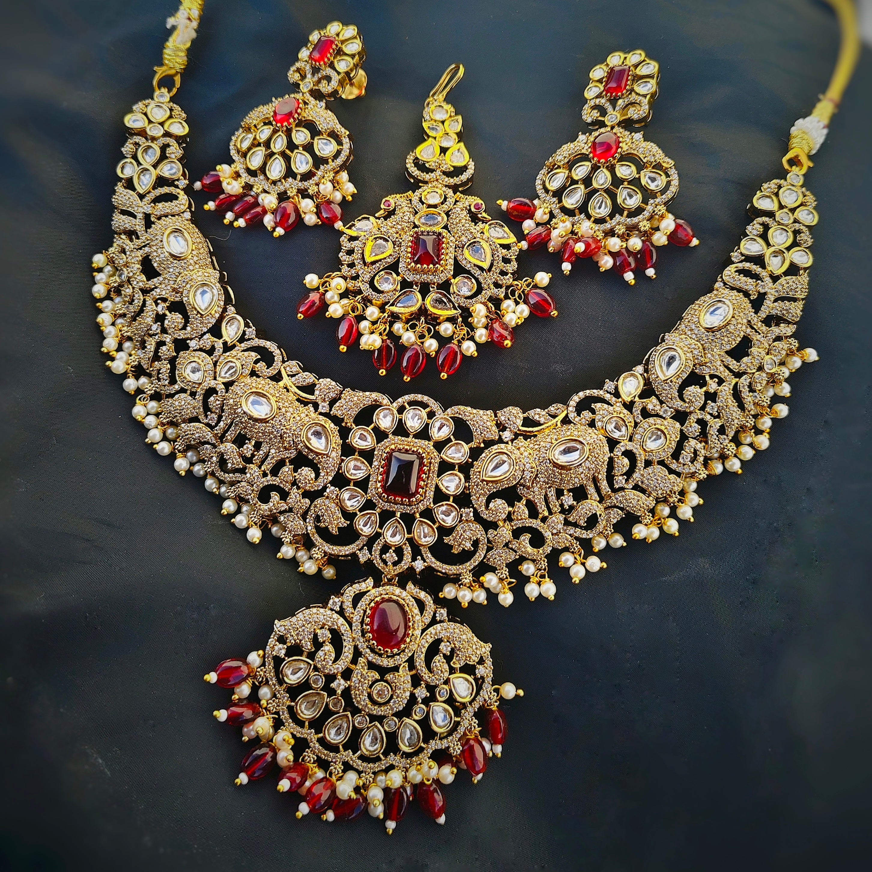 Gold AD Kundan Ruby Bridal Jewellery Set | Necklace, Chandbali Earrings & Maang Tikka