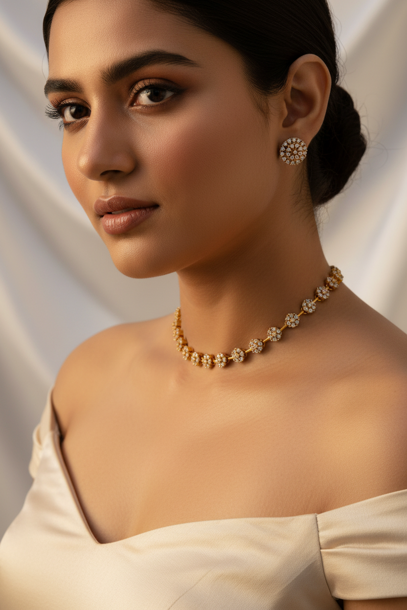 Close-up - Diamond Flower Cluster Necklace Set