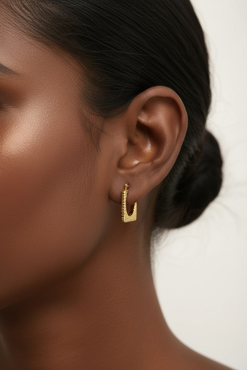 Close-up - Tiny Square Huggie Flush on Earlobe