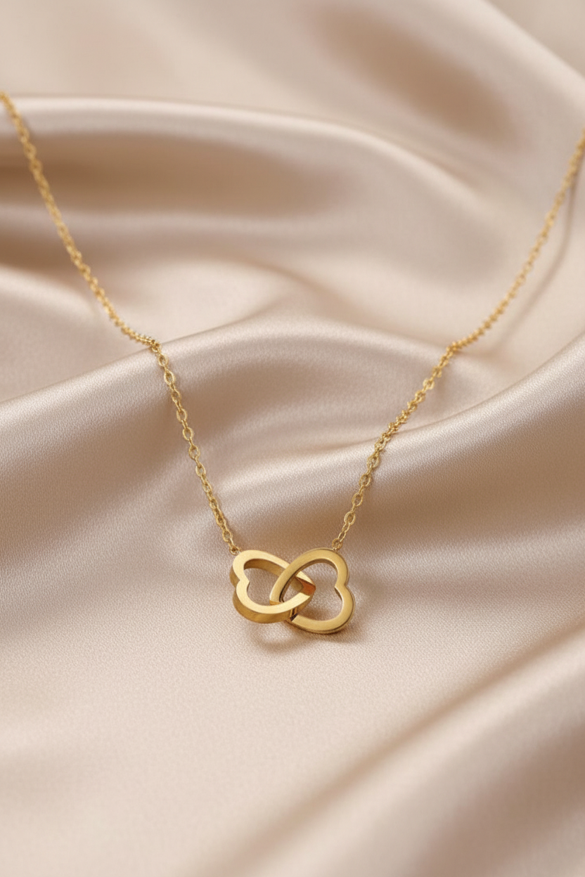 Double Heart - Laid Flat on Golden Satin
