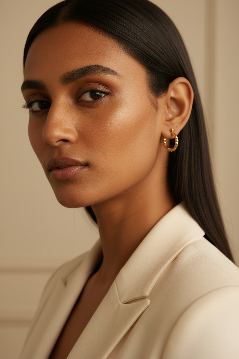 Gold Beaded Hoops – Model Close-Up