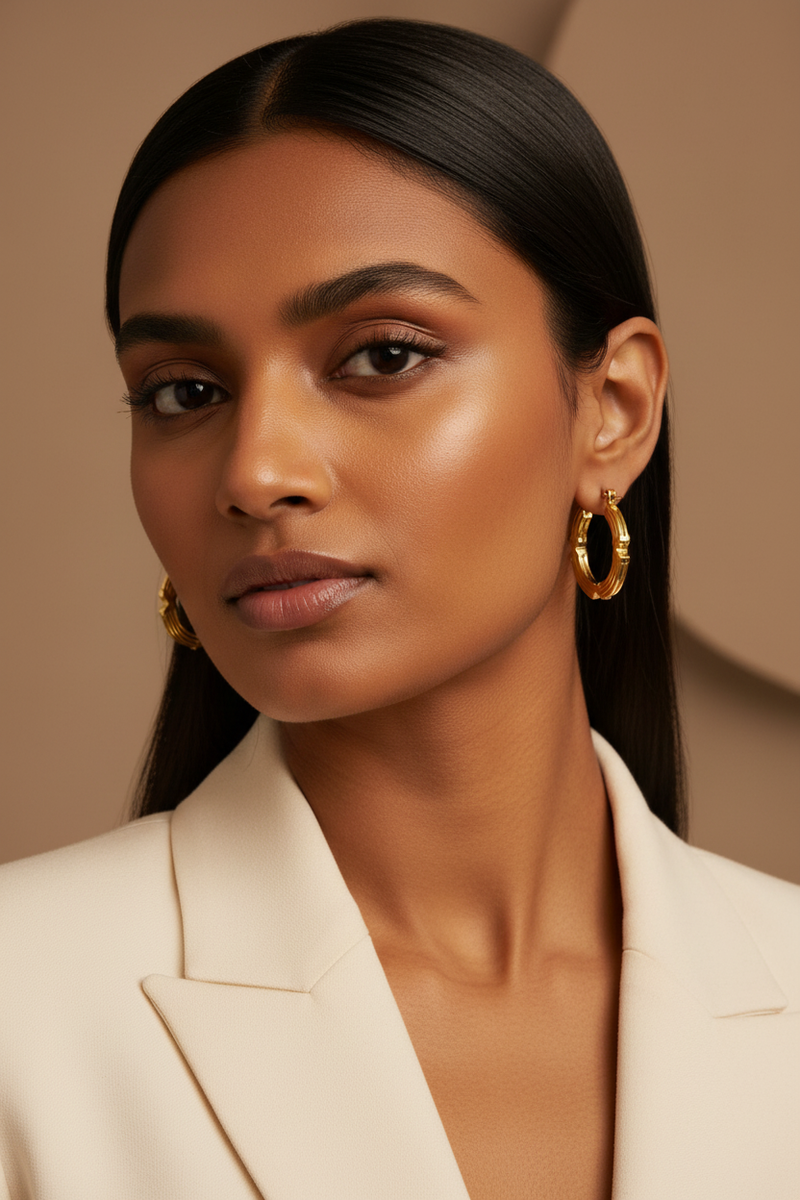 Gold Segmented Hoops – Model Close-Up Worn