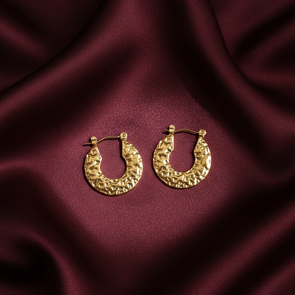Hammered Gold Hoops - Shiuli Burgundy Satin
