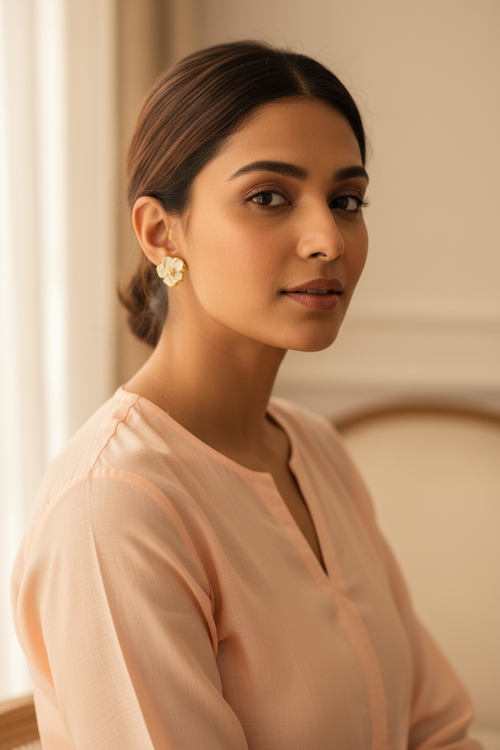 Lifestyle model shot of White Enamel Flower Stud Earrings