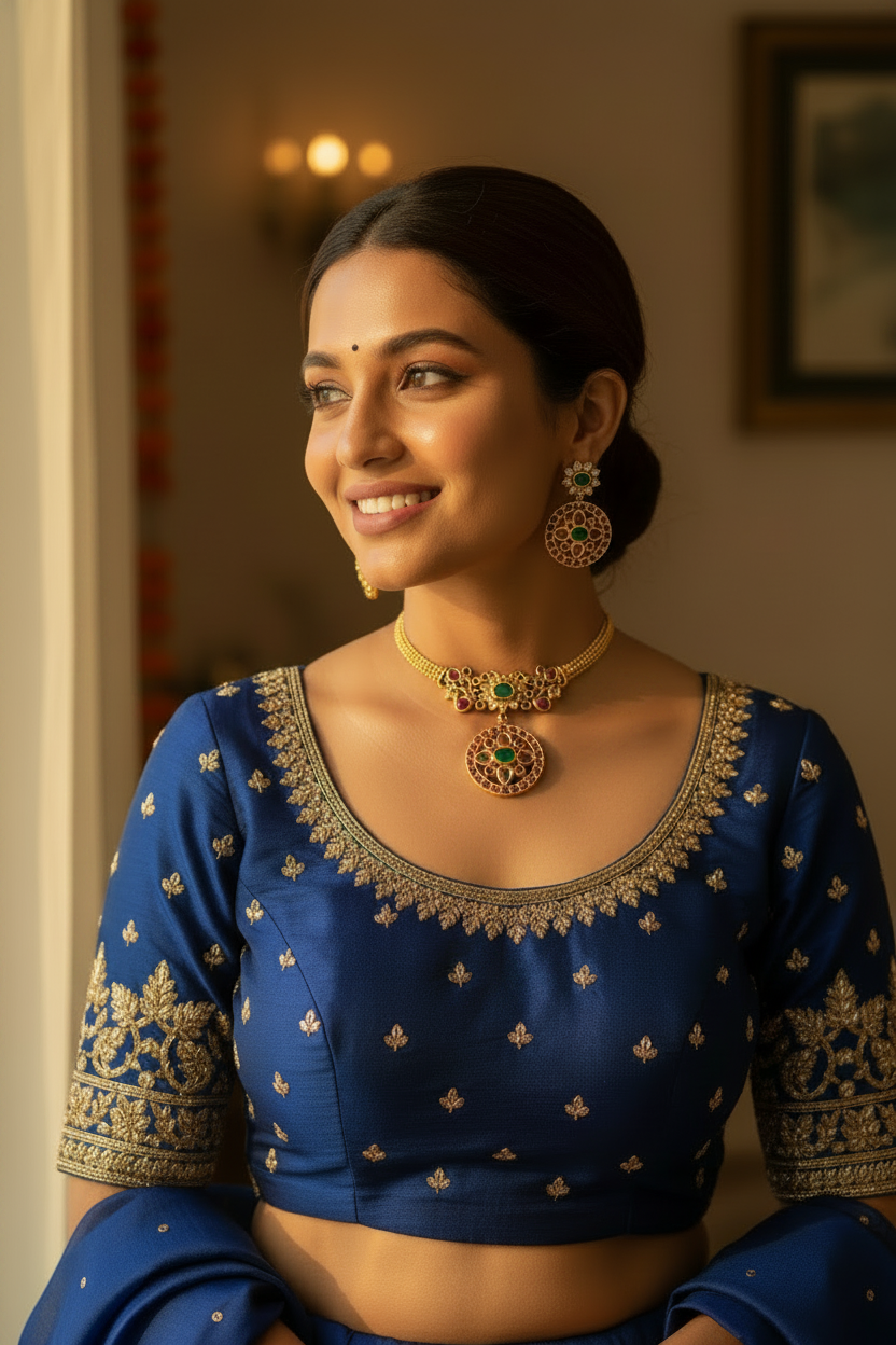 Lifestyle - Necklace shortened, same blue lehenga