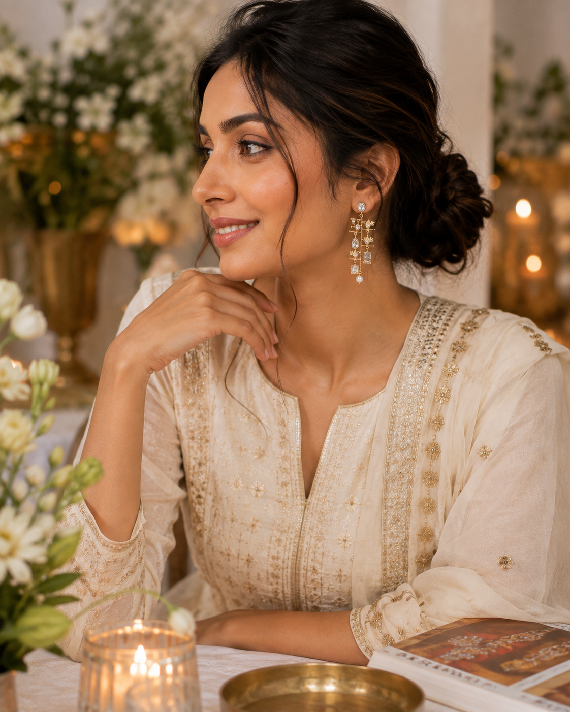 Crystal Lotus Chandelier Earrings with Pearl Drop