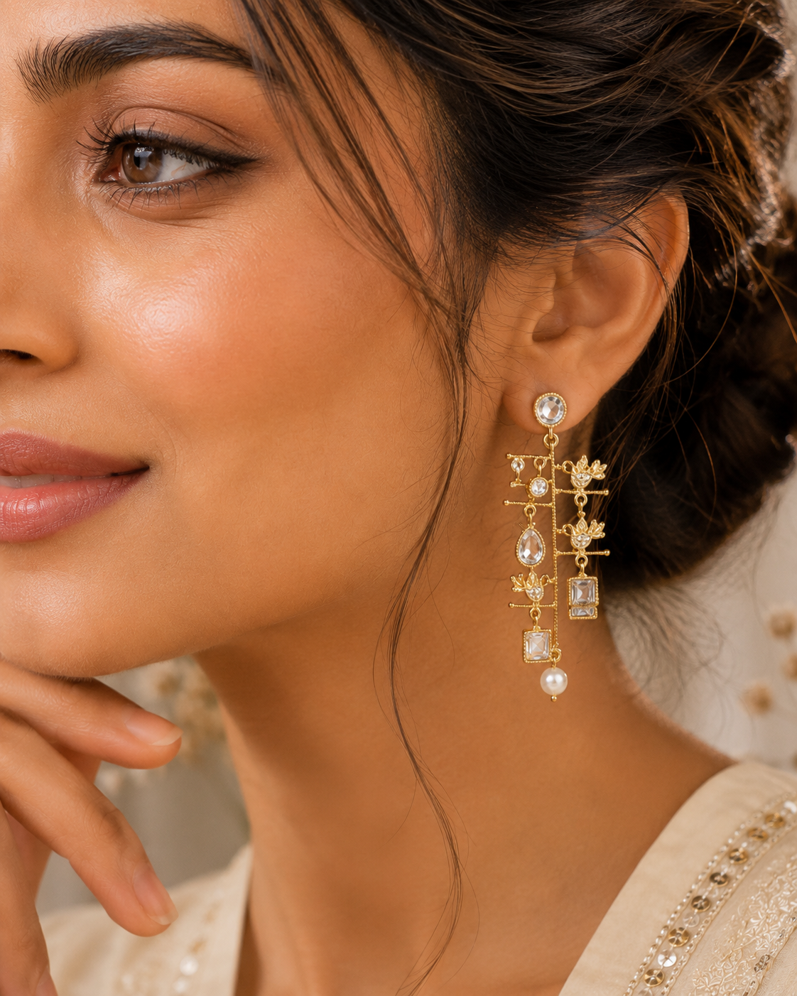 Crystal Lotus Chandelier Earrings with Pearl Drop