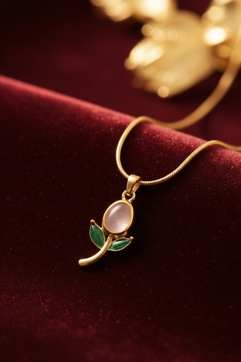 Rose Quartz Tulip Pendant – Editorial Close-Up