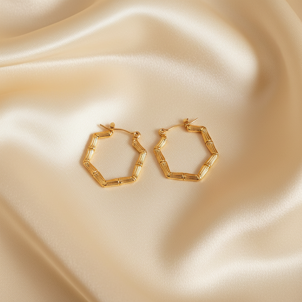 Shiuli - Hexagonal Bamboo Gold Hoop Earrings Cream Satin