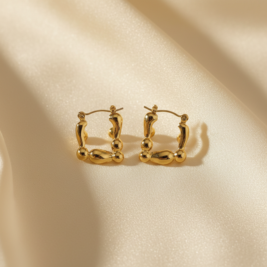 Shiuli - Square Bead Link Gold Hoop Earrings Cream Satin