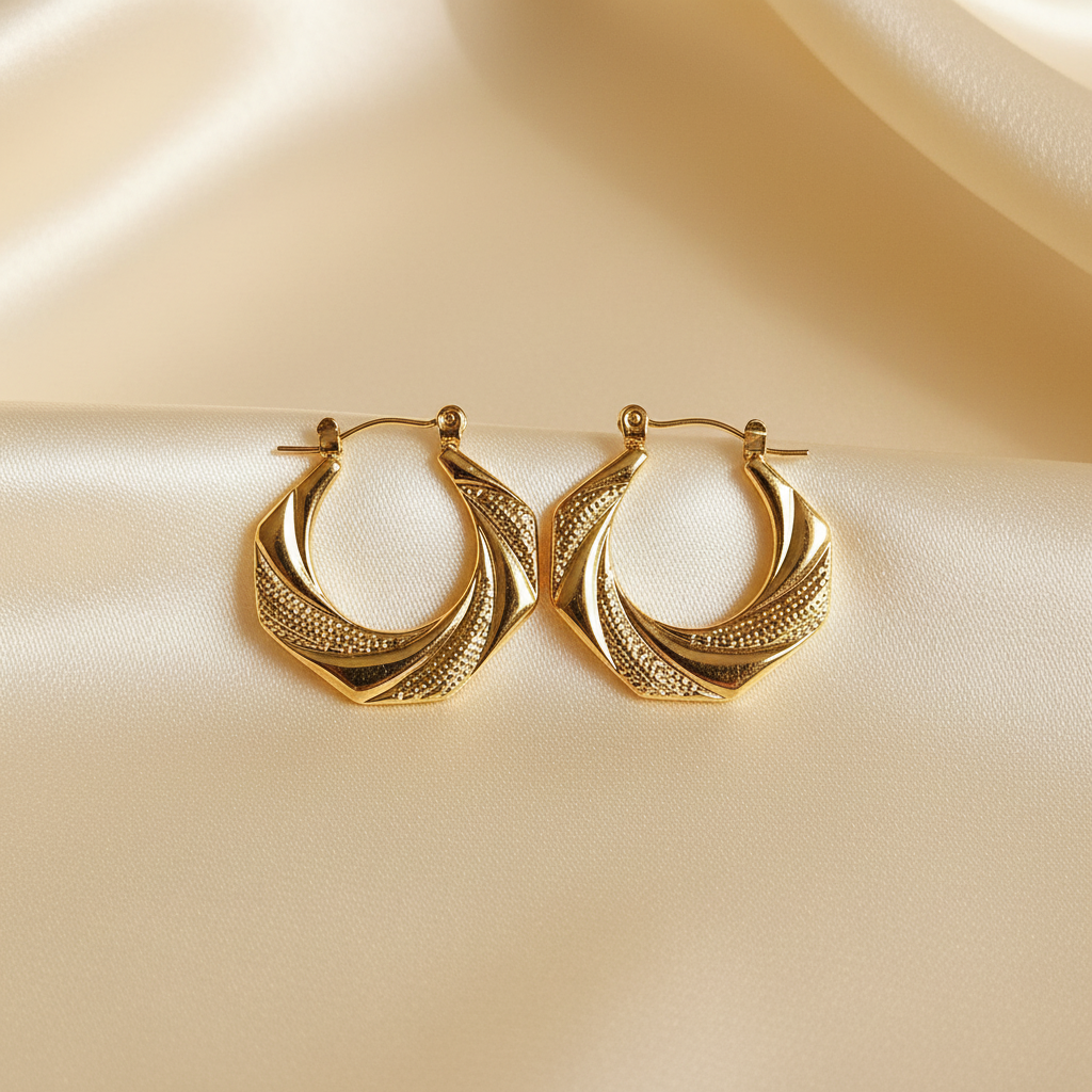 Shiuli - Twisted Swirl Gold Hoops Cream Satin