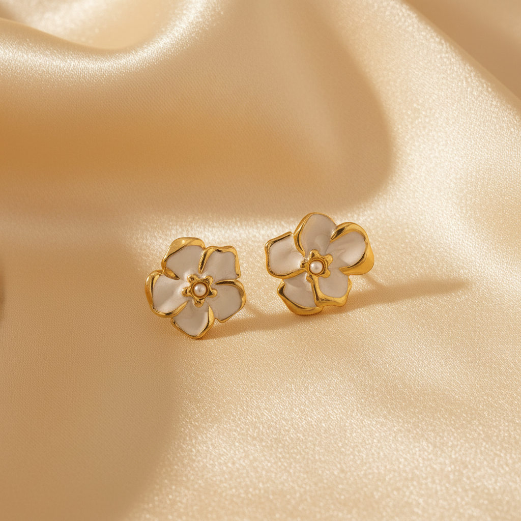 Shiuli - White Enamel Flower Earrings Cream Satin