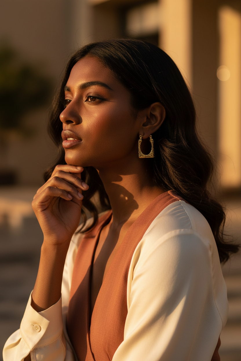 Square Gold Hoops - Lifestyle Dark Indian Model
